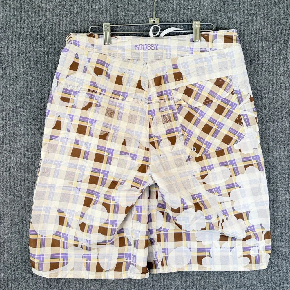 Vintage Stussy Board Shorts Mens 34 Plaid Floral Cargo Baggy Beach Swim Trunks